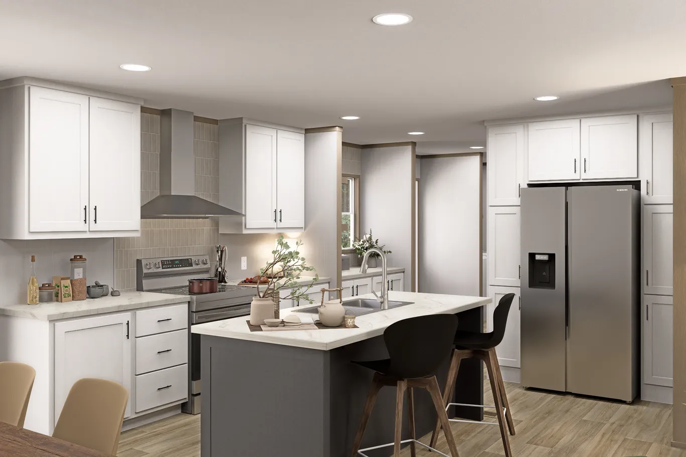 Wide view of The Snowcap kitchen showing the full scope and cabinetry.
