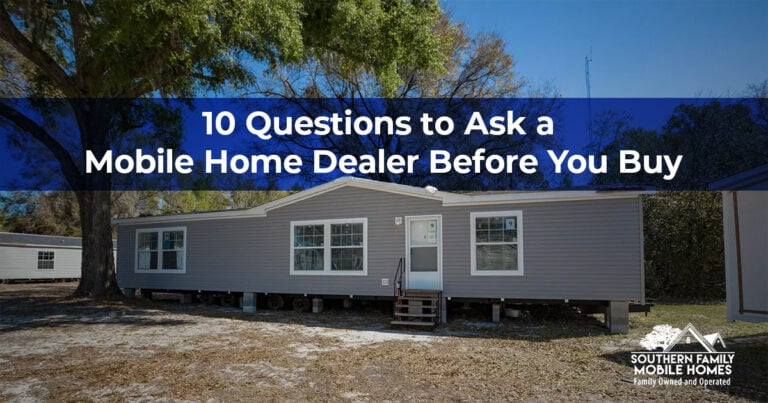Mobile homes on display at a dealership with the title 10 Questions to Ask a Mobile Home Dealer Before You Buy.